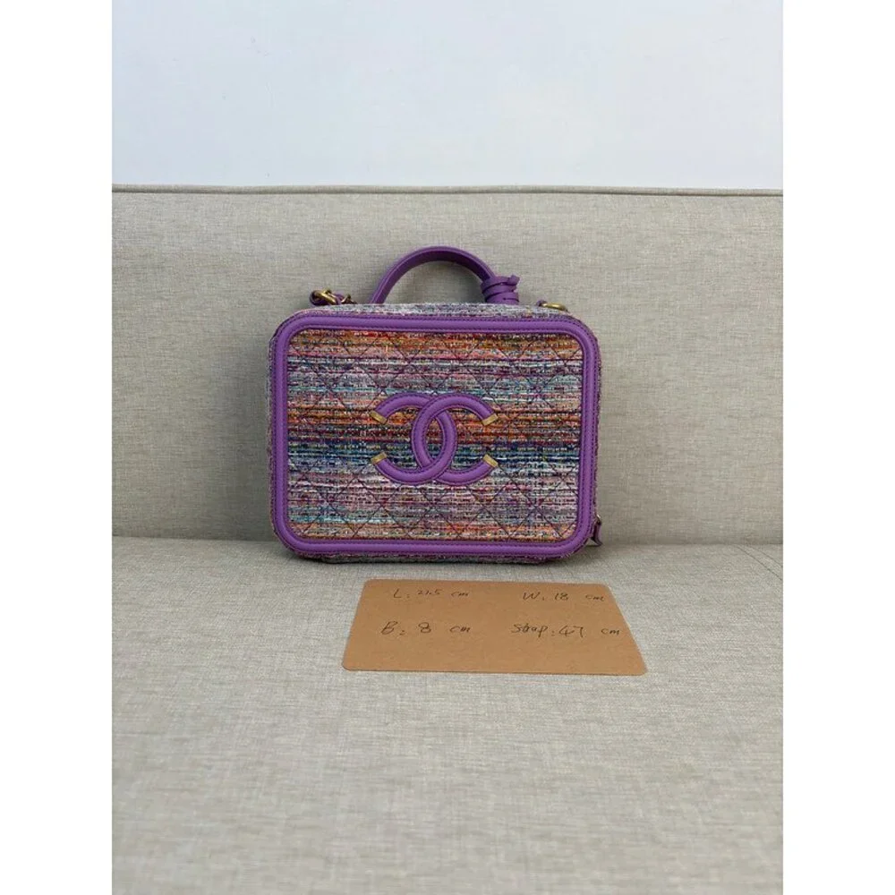 CHANEL Purple Tweed Filigree Vanity Case Medium GHW
